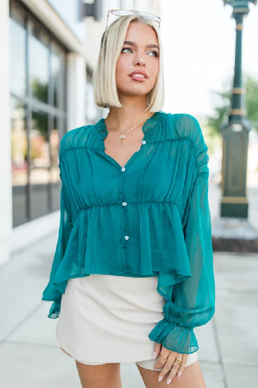 Breathe Deeper Jade Sheer Ruched Blouse