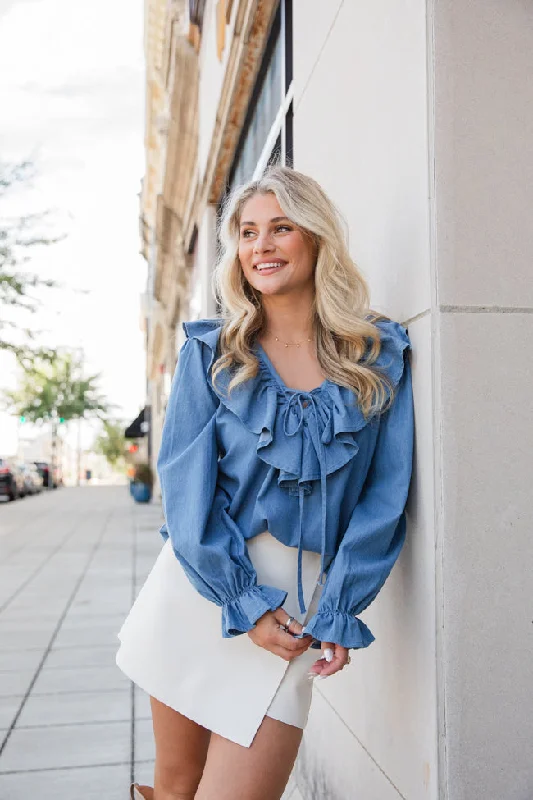 Feel This Way Medium Wash Ruffle Detail Chambray Blouse