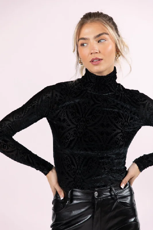 What A Wonderful World Black Velvet Printed Turtleneck Blouse