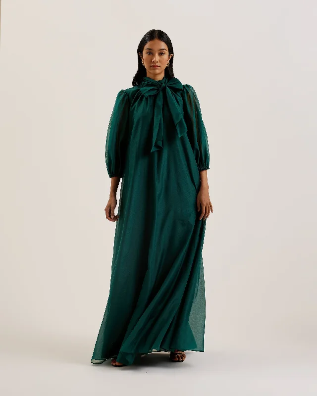 Adaifi Sheer Organza Tie Neck Maxi Dress Dk-Green