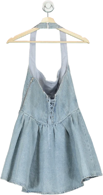 Oh Polly Light Blue Denim Halter Dress UK 8