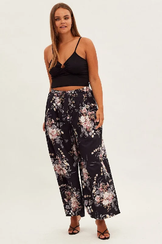 Black Floral Wide Leg Pants High Rise