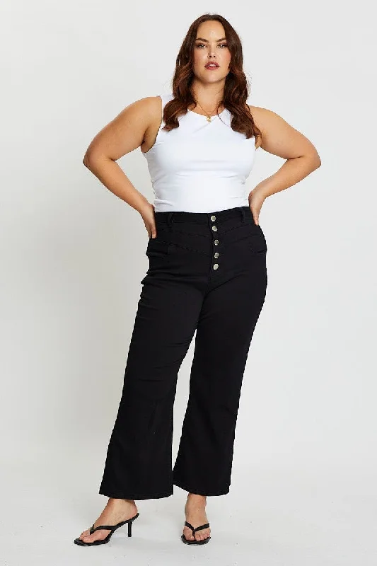 Black High Rise 4 Buttons Wide Leg Denim Jeans