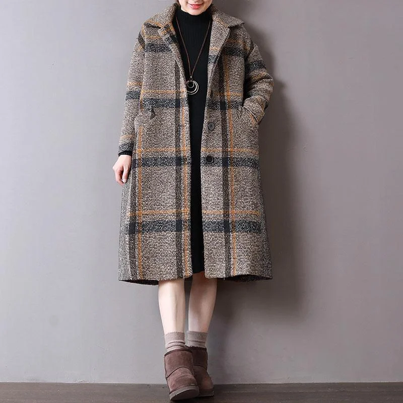 boutique Plaid woolen coats plus size clothing winter Turn-down Collar outwear Button Down long coat