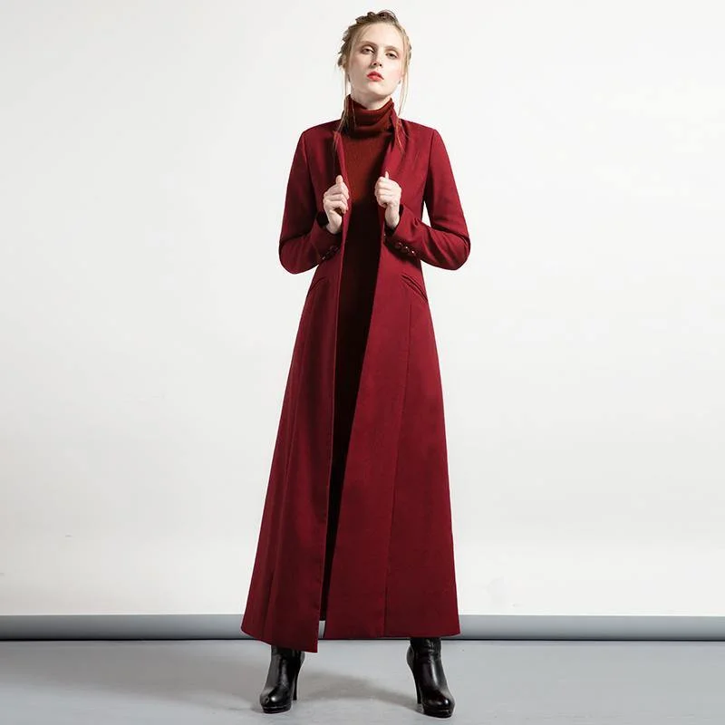 burgundy slim fit cotton blended maxi trench coats tunic elegant long sleeve cardigan outwear