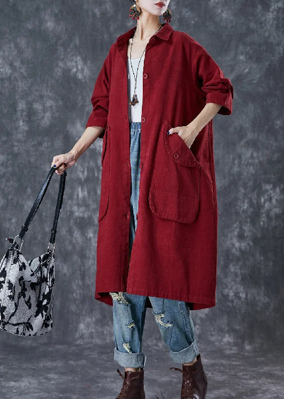 Classy Red Oversized Pockets Cotton Trench Coats Fall