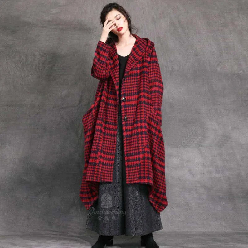 Elegant red woolen overcoat Loose fitting trench coat Plaid hooded woolen outwear