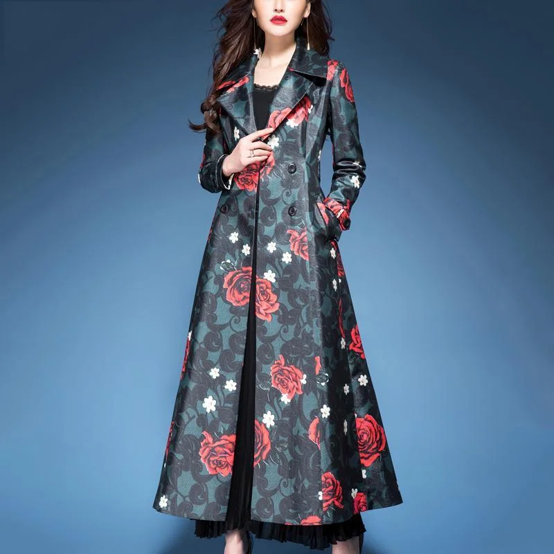 fashion elegant red print cotton blended trench coats double breast long sleeve coat