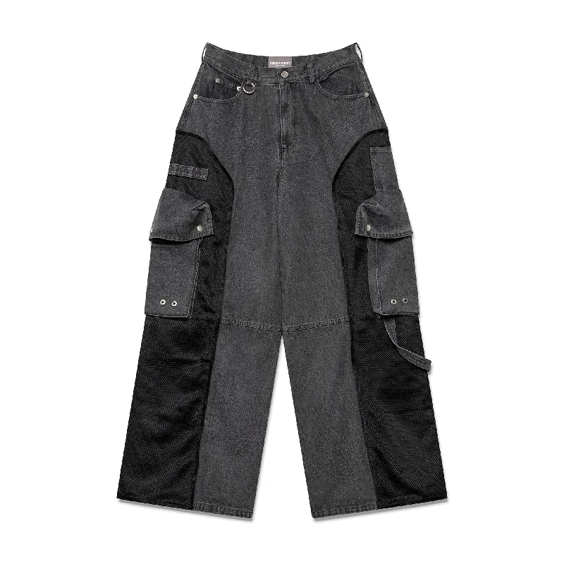 Mesh Combo Cargo Baggie Jeans - Black