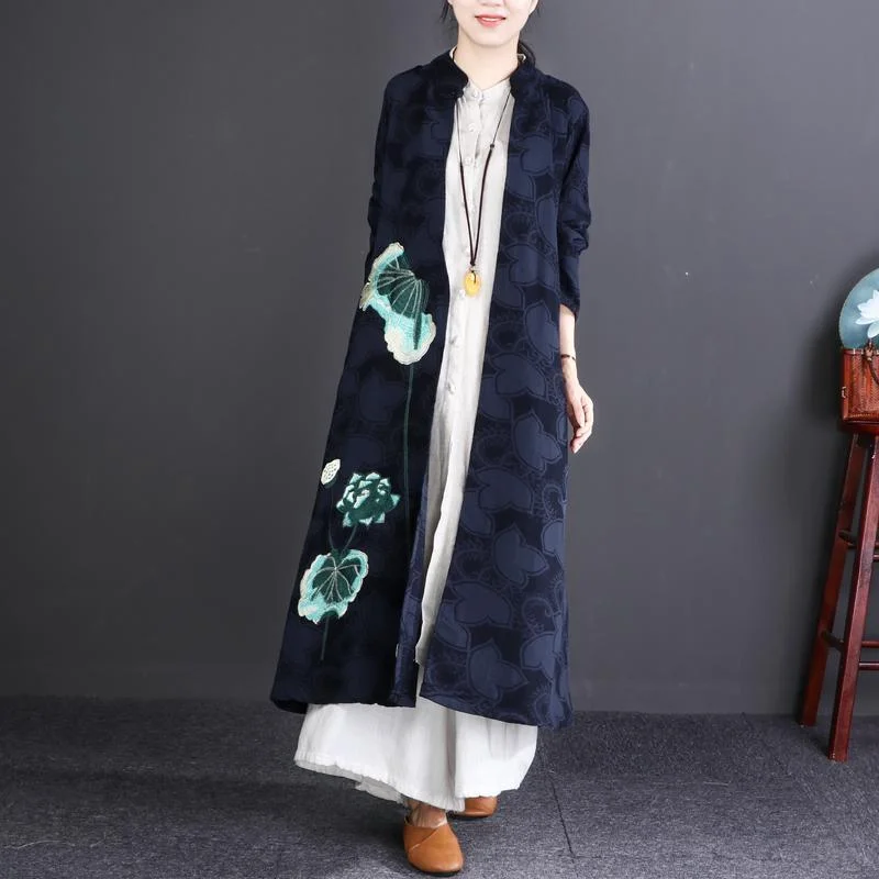 new 2018 casaul navy embroidery linen cardigan oversize fashion women maxi trench coats