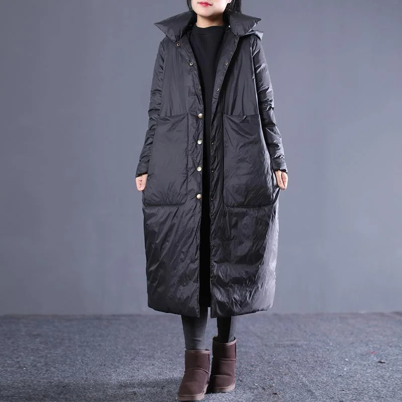 New black winter down coat plus size hooded quilted coat thick Large pockets down coats