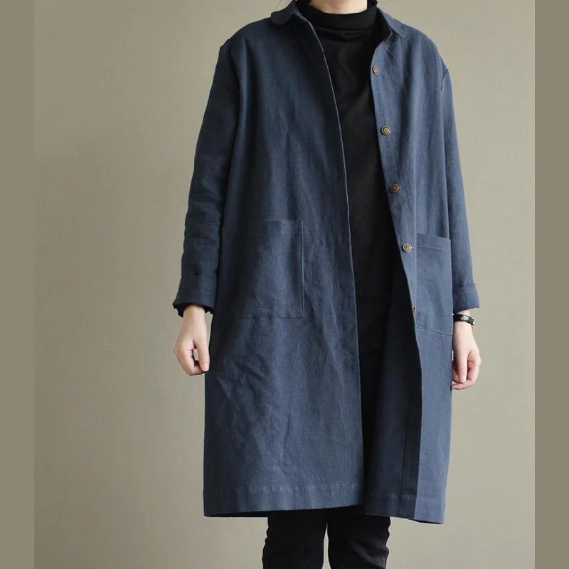 New blue linen Coat Loose fitting Winter coat 2017 trench coat cotton