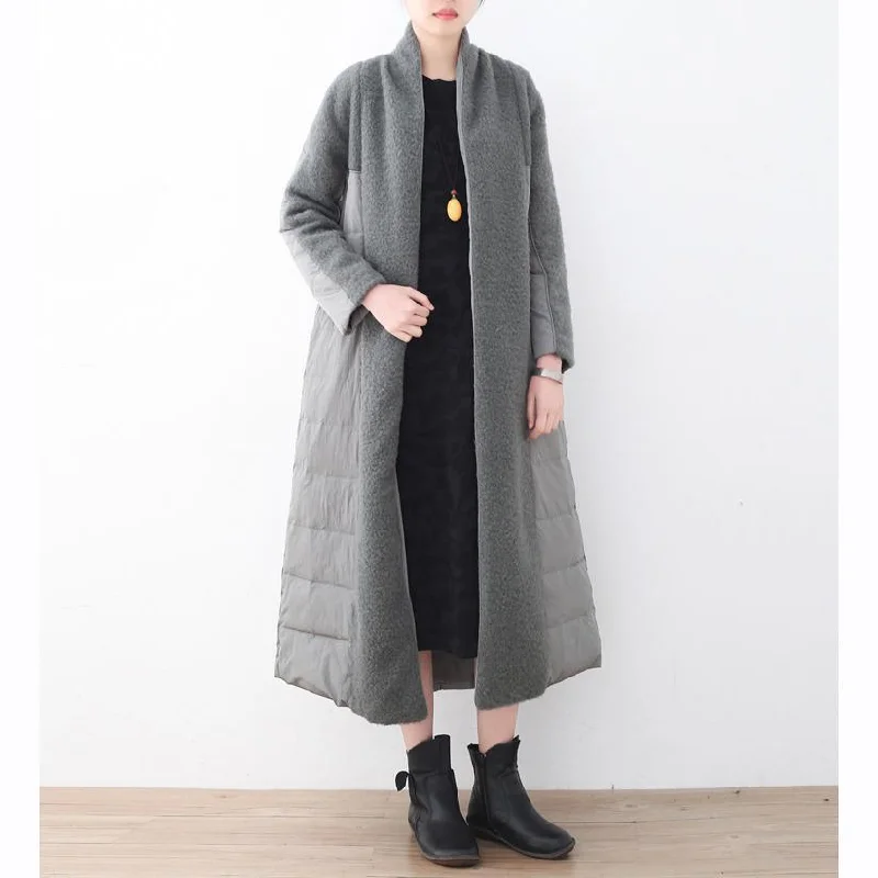 New light gray parka oversized V neck patchwork down overcoat women pockets coats