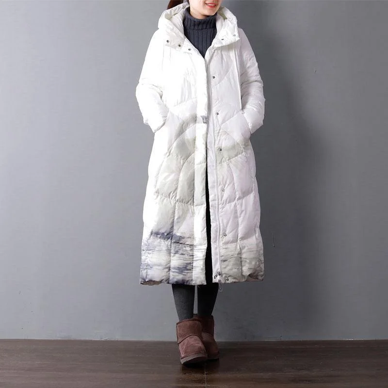 New white print down coat winter plus size clothing hooded women parka zippered down overcoat