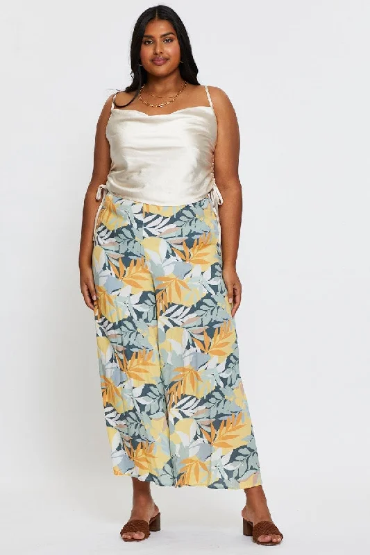 Print Wide Leg Pants High Rise