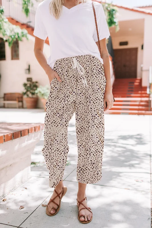 Dot Print Casual Loose Tie Waist Cropped Straight Leg Pants