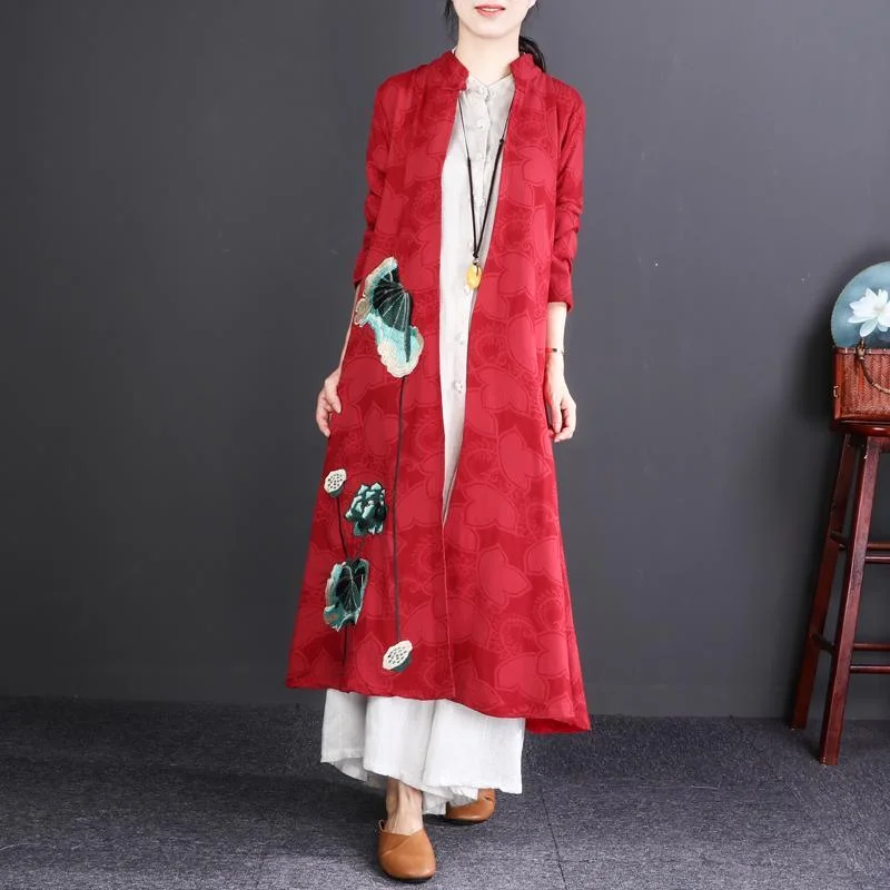 vintage red embroidery cotton linen maxi coat long sleeve trench coats